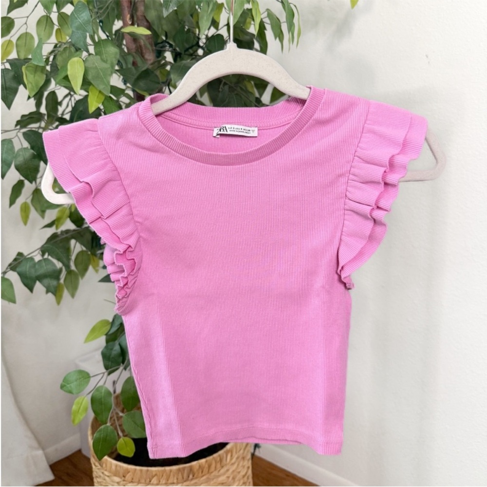 ZARA Ribbed Ruffle Top Pink Size S
